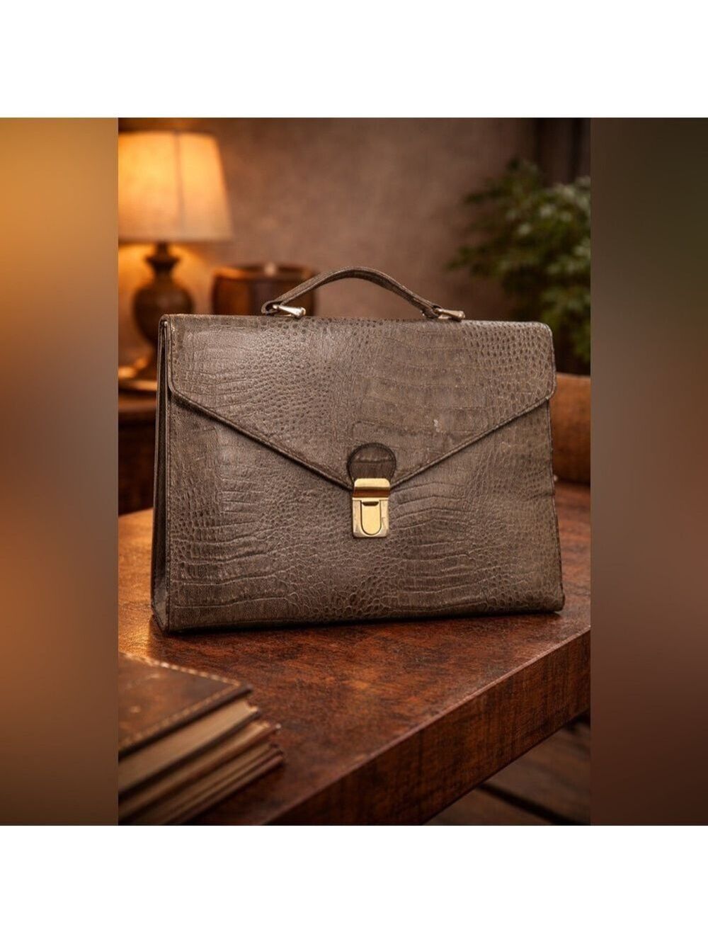 Vintage Reptile-Embossed Leather Briefcase • Classic Structured Portfolio Bag